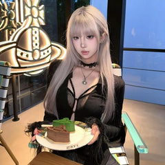 BXOXO Black V-neck Lace Patchwork Tops Mujer Sexy Hollow Out Slim Fit T-shirt for Women 2025 Autumn New Long Sleeve Tee Shirt