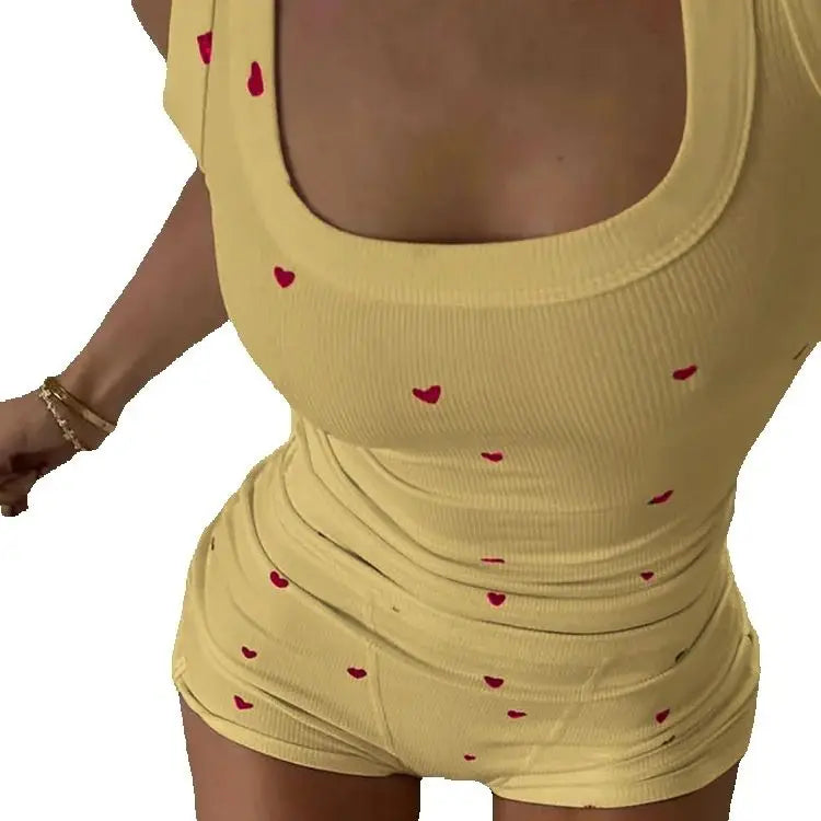 BXOXO Casual Heart Print 2 Piece Set Women Square Collar Sleeveless Crop Tops+Stretch Shorts Sweet Girls Comfy Fashion Outfits