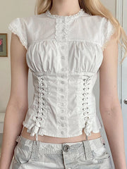 BXOXO Women's Button Down T-Shirts Cap Sleeve Crew Neck Cross Tie-up Front Lace Trim Tops