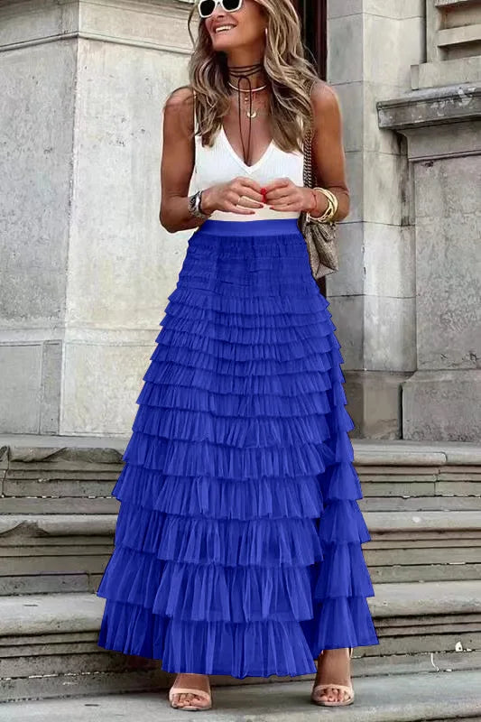 Bxoxo Casual Womens Solid Ball Gown Long Skirt Tulle High Waist Pleated Tutu Skirt Elegant Ladies Wild Mesh Dating Maxi Skirts Drop