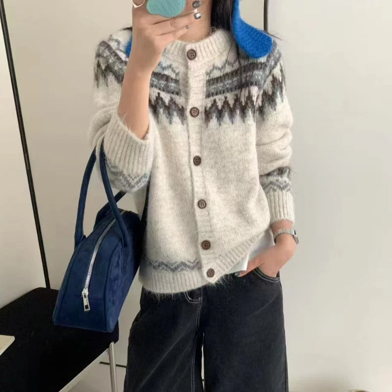 Bxoxo Fair Isle Sweater Cardigan Women Long Sleeve Button-Up Crewneck Knitted Jacket Cardi Female Knitwear Fall Winter Vintage Outfit