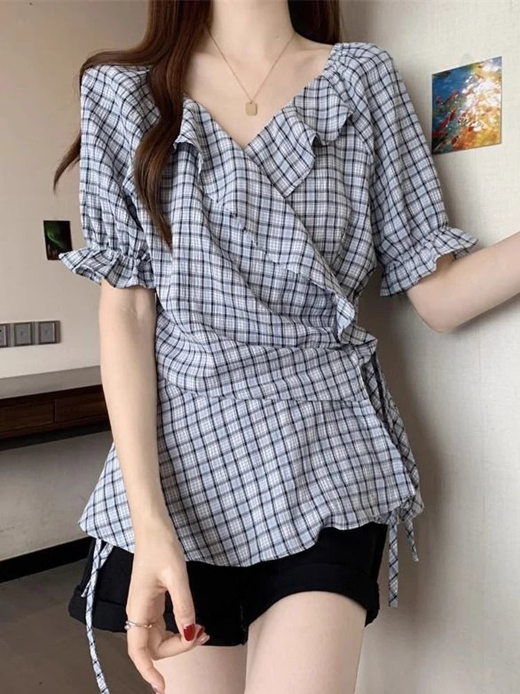 Bxoxo Ruffles Vintage Plaid Blouse Women Causal Sweet Slim Short Sleeve Shirt Korean Retro Female Lace Up Elegant Design Tops New