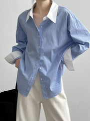 Bxoxo  Spring New Blouse Blue and White Striped Contrasting Design Shirts Women Korean Fashion Loose Versatile Mid-length Top Wome