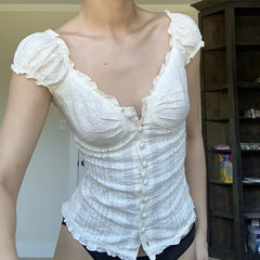 Bxoxo 90s French Vintage Floral T-shirt Fairy Grunge Kawaii Button Frill V Neck Pullovers Tee Women Y2K Aesthetic White Crop Top Retro