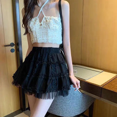 BXOXO Kawaii Lace Short Skirt for Women White Fairycore Lolita Mini Skirt Woman High Waist Cute Ruffle Pleated A-Line Skirts