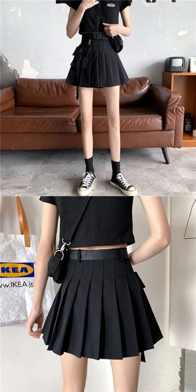 Bxoxo Harajuku Belt Pleated Cargo Skirt Women Fashion Gothic High Waist Pocket Mini Skirts Fashion Summer Lady A Line Black Skirt