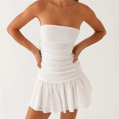 BXOXO Fashion Women's Ruched Tube Top Dress Vintage Holiday Strapless Sleeveless Slim Fit Flare Dress Summer Clubbing Dress