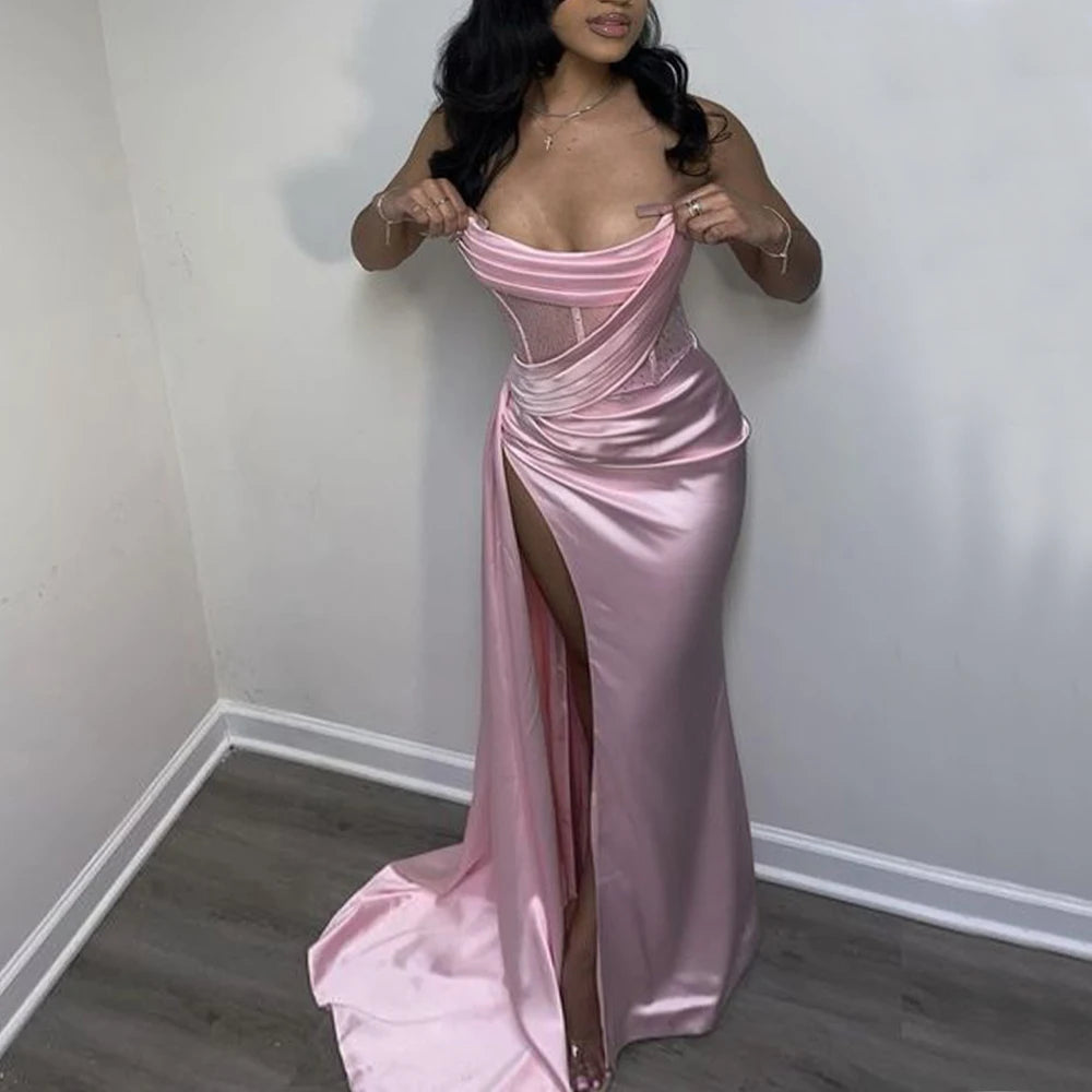 BXOXO Pink Mermaid Prom Dresses Strapless Thigh-High Slits See Through Girls Birthday Party Dress Matric Dance Gowns Customized