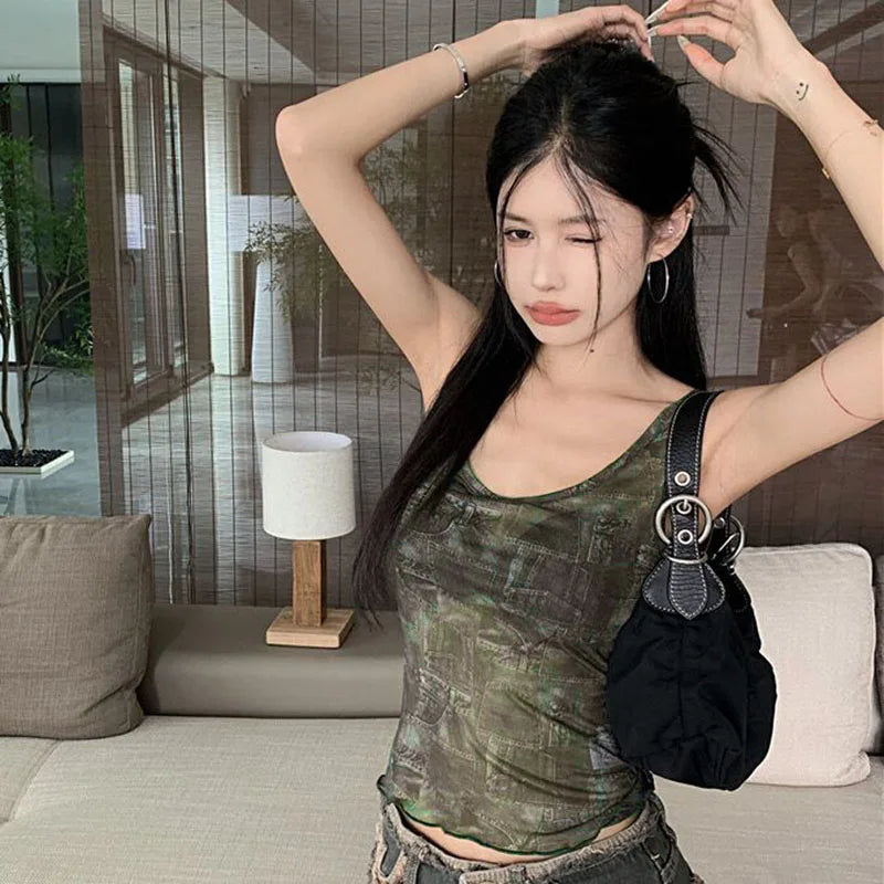 BXOXO Women's Summer Fitted Crop Tops Y2K Vintage Sleeveless U Neck Open Back Vintage Pattern Print Tank Tops E-Girl Streetwear