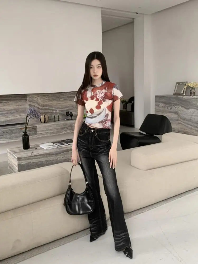 BXOXO Chic See Through Mesh Tops Short Sleeve Crop Top T Shirt Print Cake Graphic Tees Women Clothes Korean Style E Girl Y2k