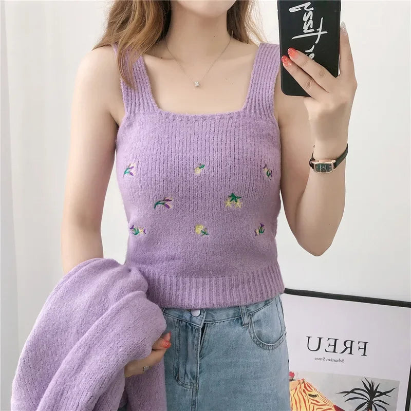 Bxoxo Two-piece Top Suit Flower Embroidered Knitted Korean Style Cardigan Autumn Fashion Sling Sweater Slim Sweet Jacket Sets