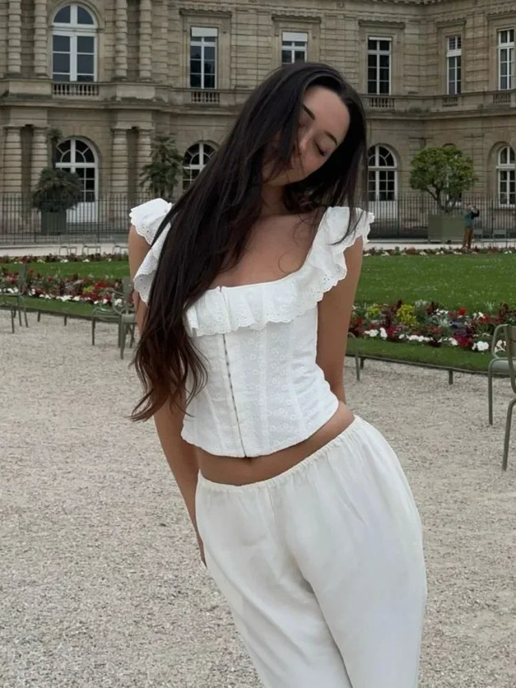BXOXO White Lace Ruffle Corset Short Vest For Women Elegant Backless Off Shoulder Cropped Shirts 2025 Female Summer Party Club Tops
