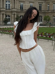 BXOXO White Lace Ruffle Corset Short Vest For Women Elegant Backless Off Shoulder Cropped Shirts 2025 Female Summer Party Club Tops