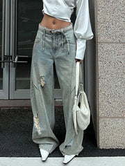 Bxoxo American Vintage Ripped Wide Leg Jeans Women Autumn High Waist Streetwear Loose Denim Pants Y2K Hip Hop Grunge Straight Trousers