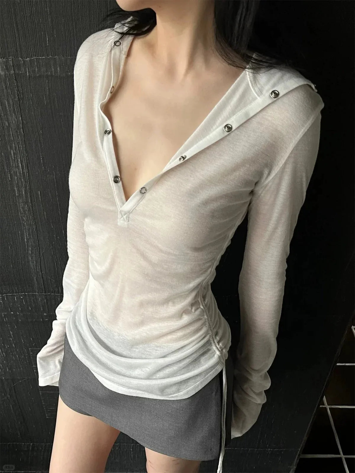 BXOXO Hooded Sheer T Shirt Woman Clothes Long Sleeve Korean Fashion 2000s Clothes Y2k See Through Autumn Tops Tees Female