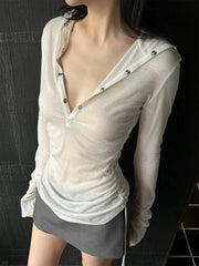 BXOXO Hooded Sheer T Shirt Woman Clothes Long Sleeve Korean Fashion 2000s Clothes Y2k See Through Autumn Tops Tees Female