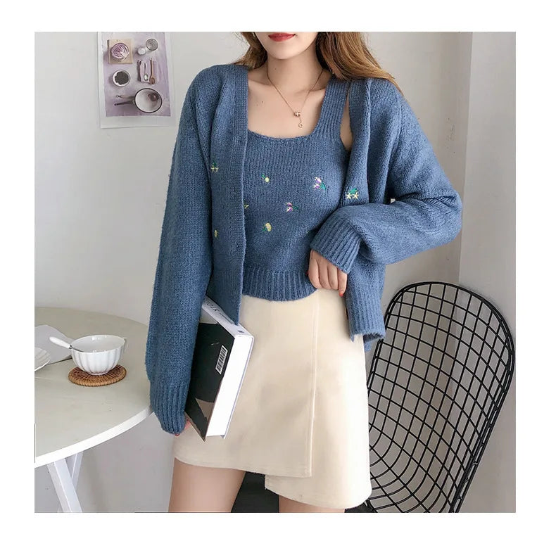 Bxoxo Two-piece Top Suit Flower Embroidered Knitted Korean Style Cardigan Autumn Fashion Sling Sweater Slim Sweet Jacket Sets