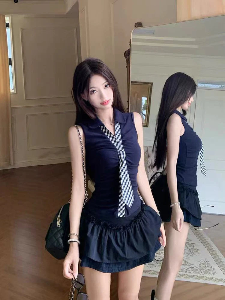 Bxoxo Plaid Tie Hot Girl Skirt Suit Summer New V Neck Patchwork Sleeveless 2 Piece Set Female High Waist Sweet Preppy A Line Skirts