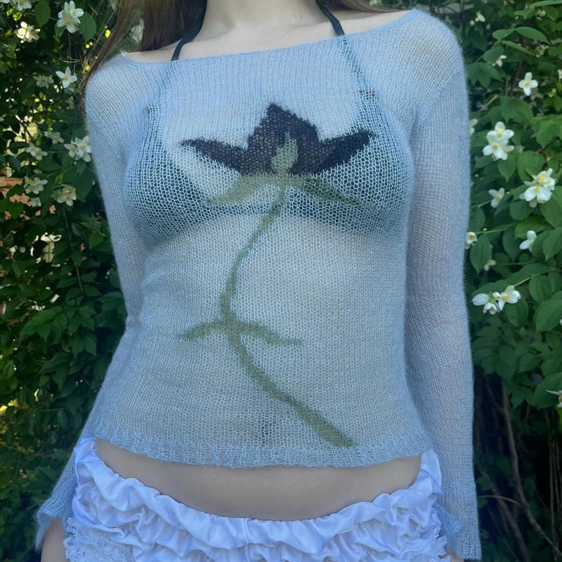 BXOXO Flower Long Sleeve Knitted Crop Tops Aesthetic See Through Sweater Tees 90s Vintage Y2k Gyaru Crop Tops Jumpers Cottage Clothes