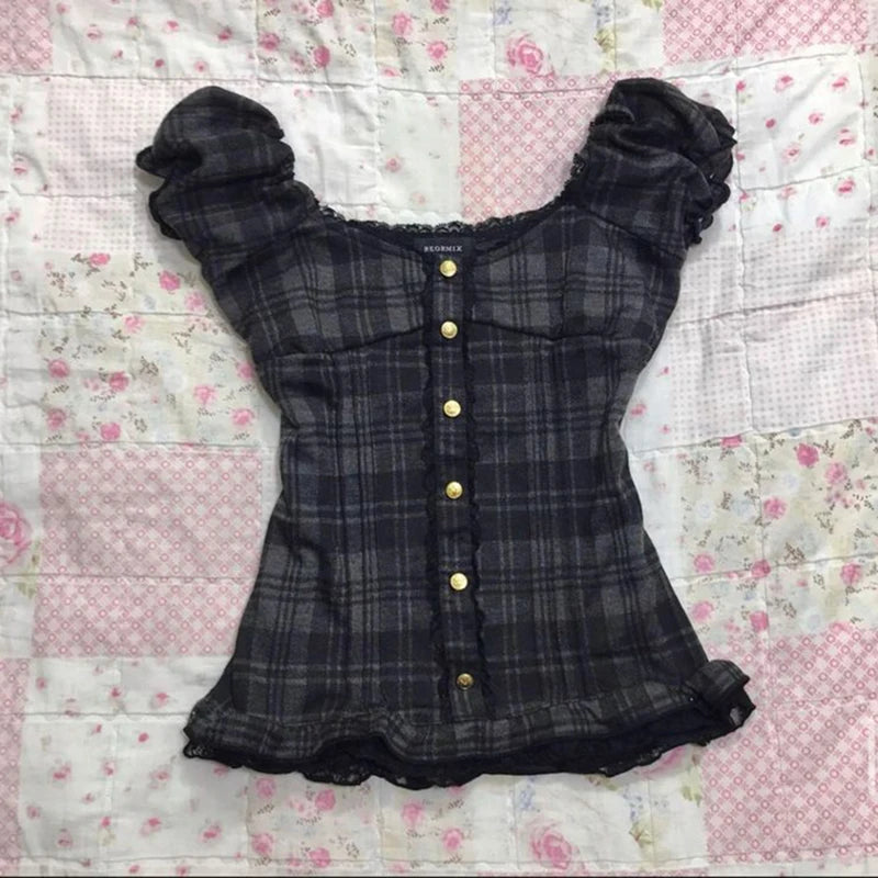 BXOXO NEW Sweet Vintage Classic Plaid Pattern Crop Tops Harajuku Maiden Woman Y2K Cute Shirts Tide Baby Tee Slim Fairy Punk Clothing