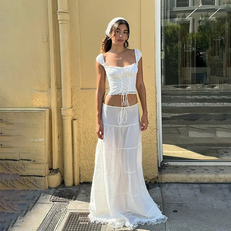 Bxoxo Lace Trim Front Tie Up Square Neck Crop Tops + French Low Waist Lace Hem Long Skirt Summer Vacation 2 Piece Dress Set