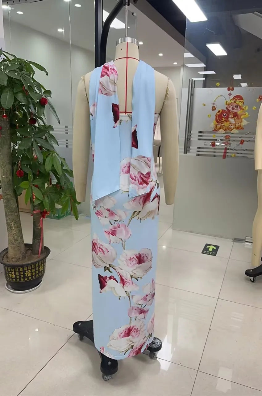 BXOXO Women Long Dress Floral Print Tube Dress Summer Fashion Backless Casual Strapless Dress with Choker Scarf