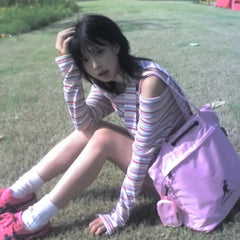 Bxoxo Japanese Style Y2k Sexy T-shirt Off Shoulder Vintage Rainbow Striped Tops Harajuku 2000s Long Sleeve T-Shirt Aesthetics