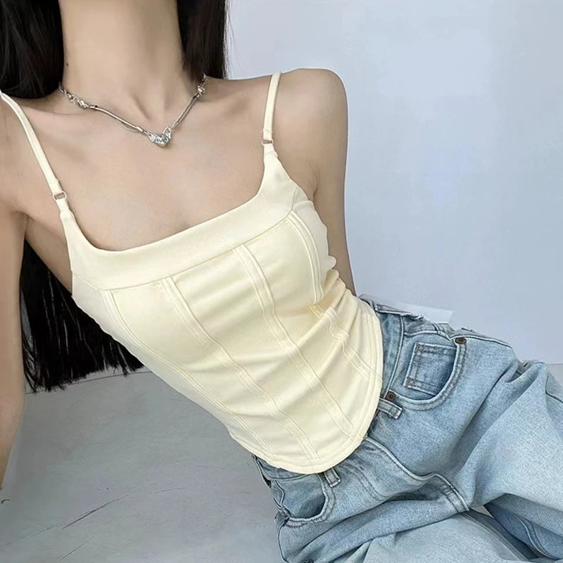 Bxoxo Sexy Spaghetti Straps Cotton Vest Women Summer Korean Solid Slim Sleeveless Camis Y2K Fashion Patchwork Female Crop Tops