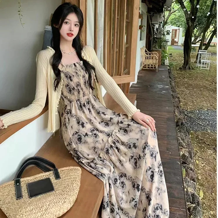 BXOXO Summer New Sweet Elegant Halter Dress Slash Neck Floral High Waist Pleats Long Dress Patchwork Holiday Style Boho Dress