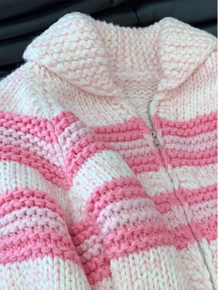 Bxoxo Lazy Wind Women Sweet Cute Cardigan Sweaters Vintage Striped Long Sleeve Loose Knitted Jacket Fall Winter Soft Warm Female Tops