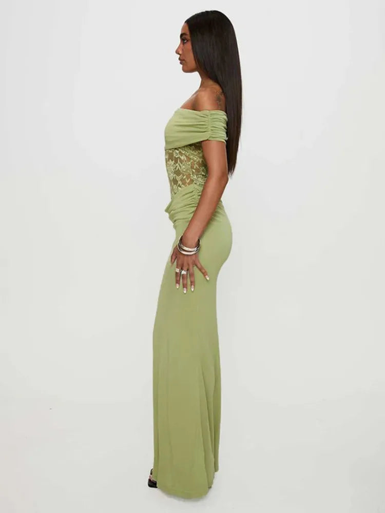 BXOXO  Off-shoulder Strapless Sexy Maxi Dress For Women Green Lace Sheer Sleeveless Backless Bodycon Club Party Long Dress
