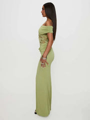 BXOXO  Off-shoulder Strapless Sexy Maxi Dress For Women Green Lace Sheer Sleeveless Backless Bodycon Club Party Long Dress