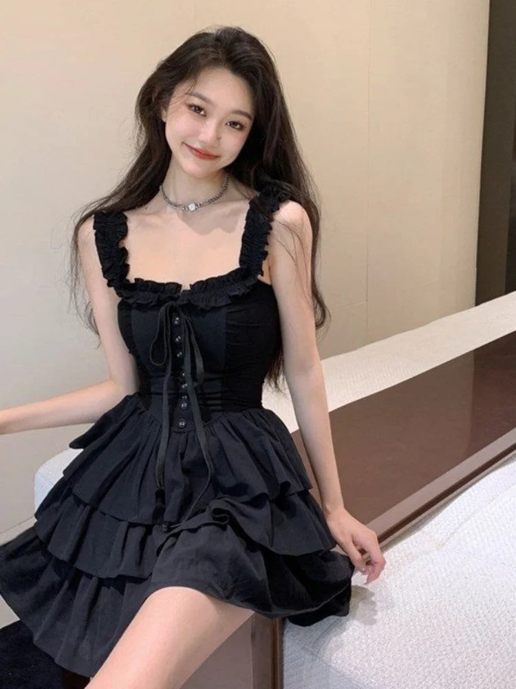 BXOXO Gothic Goth Harajuku Sexy Slip Dress Ruffles Y2k Streetwear Dark Punk Cake Dresses Party Korean Fashion 2023 Summer