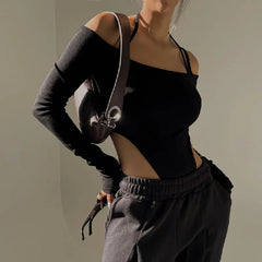 Bxoxo Sexy Off Shoulder Halter Bodysuit Aesthetic Spaghetti Straps Long Sleeve T Shirt Women Slim Fit Party Clubwear Bodysuits