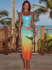 BXOXO  Floral Print Sexy Maxi Dress For Women Spaghetti Strap Sleeveless Backless Bodycon Slipdress Sequins Club Party Dress