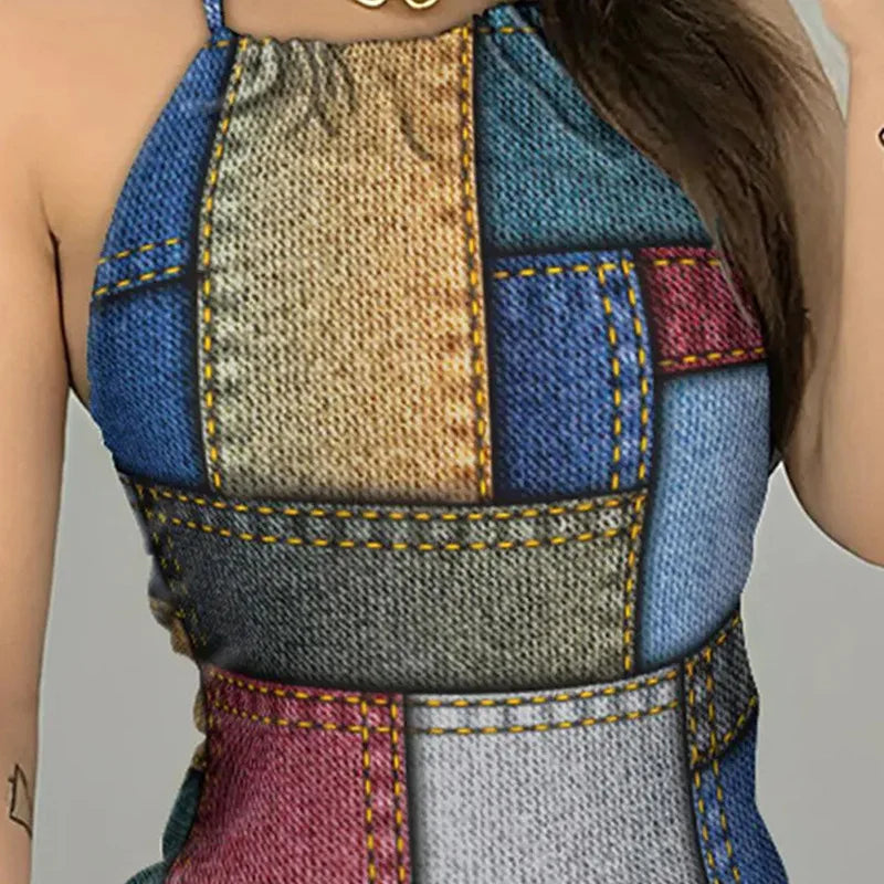 BXOXO Women's Dresses Summer Fashion Denim Look Print Casual Halter Backless Sleeveless Daily Mini Tied Detail Vacation Dress