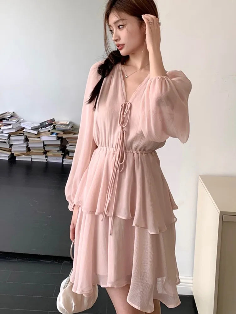 Bxoxo Women's Elegant Fairy Casual Korean Style Dresses New V-Neck Lace-up Long Lantern Sleeve Ruffles Midi Dress 2025 Holiday Vestido