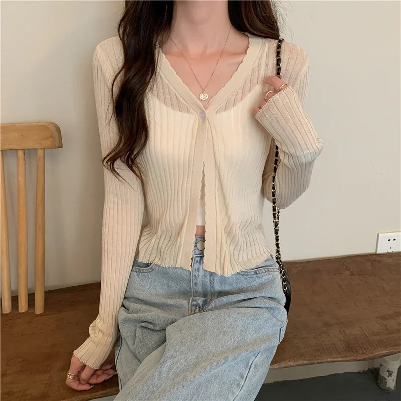 Bxoxo Sun Protection Light Weight Knitted Ice Silk Long Sve Cardigan Women's Slim Fit Summer New Sle Breathable Outerwear T-irt