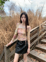 BXOXO Vintage Tie Dye T Shirt Women Flare Sleeve Mesh Tops Irregual Y2k Retro Crop Tops Streetwear Japanese 2000s Tshirts