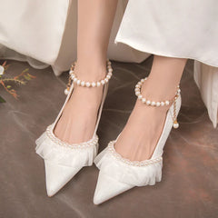 BXOXO Pearl Ankle Strap Thin Heel Pumps Women Sexy Lace String Bead Party Wedding Shoes Woman Autumn Pointed Toe High Heels Pumps
