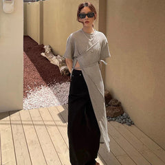 BXOXO Y2K Dress Women Solid Bandage Asymmetrical Side Slit Chic Midi Dress Streetwear Simple Lace Up Casual A Line Slim Sundress