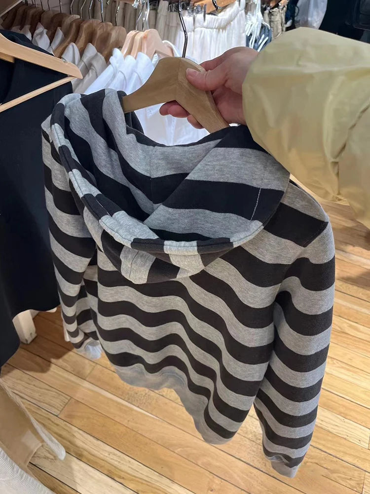 Bxoxo Striped Patchwork Zip-up Hoodie Autumn Cotton Pocket Drawstring Hooded Sweatshirt Women Y2k Streetwear Vintage Loose Tops Jacket