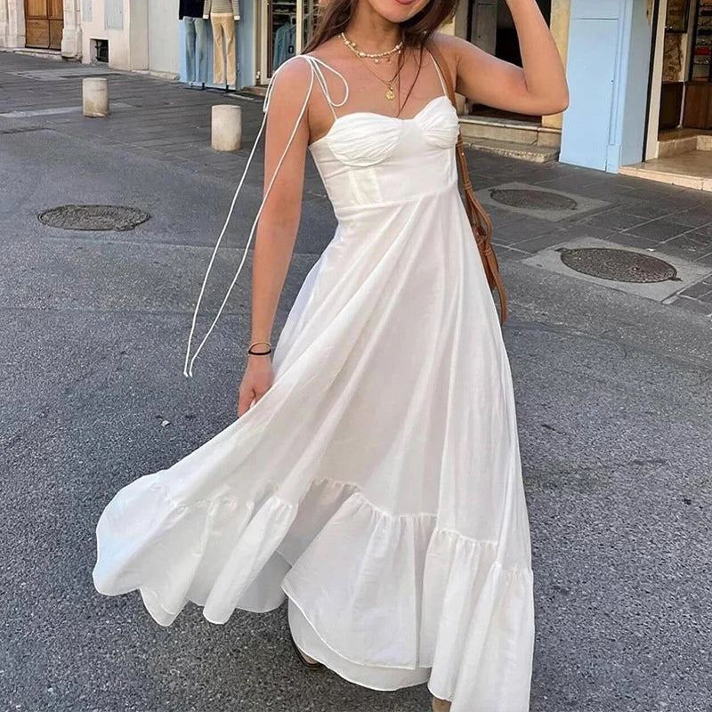 BXOXO Basic All-Match White Sling Dress Temperament High Waist Ruffled Dress Sweetheart Adjustable Bow Straps Thin Camisole Dress