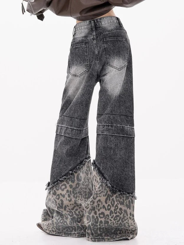 Bxoxo Y2k Vintage Patchwork Leopard Women Jeans Harajuku Washed Wide Leg Korean Fashion Denim Pants Baggy Trousers Streetwear