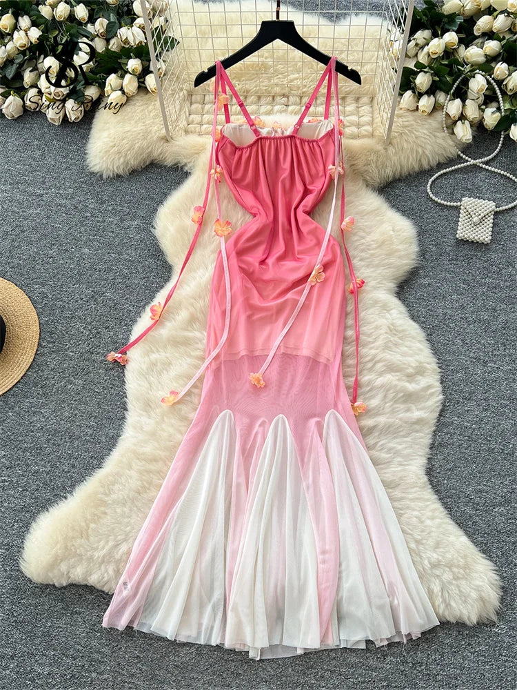 BXOXO Spaghetti Strap Mesh Beach Dress Female 3D Floral Backless Maxi Sundress Holiday Gradient Mermaid Long Party Dress