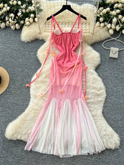 BXOXO Spaghetti Strap Mesh Beach Dress Female 3D Floral Backless Maxi Sundress Holiday Gradient Mermaid Long Party Dress