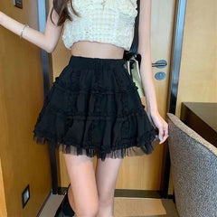 BXOXO Kawaii Lace Short Skirt for Women White Fairycore Lolita Mini Skirt Woman High Waist Cute Ruffle Pleated A-Line Skirts