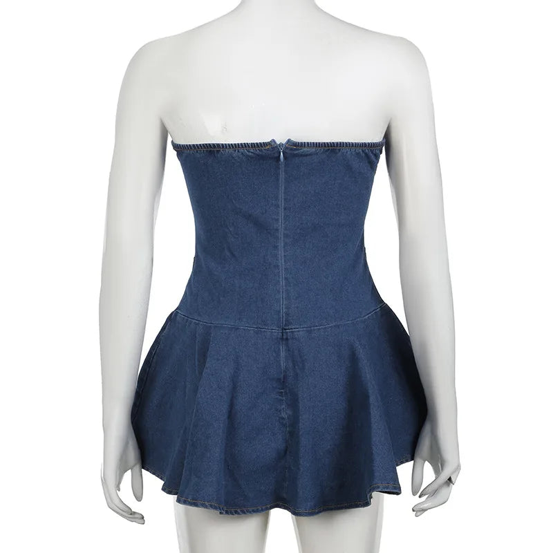 BXOXO Chest Wrap Sexy Dress Women Sleeveless Backless Split Splicing Tight Denim Mini Dress Thin Sexy Y2K A-word Denim Dress