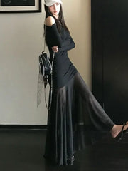 Bxoxo Sexy Vintage Elastic Women's Party Dresses 2025 Spring Summer Long Sleeve Chic Irregular Slim Waist Slash-Neck Dress Prom Robe