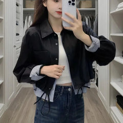 Bxoxo Vintage Patchwork Crop Jacket for Women Autumn Streetwear Splicing Pu Leather Outerwear Y2K Gothic Single Breasted Female Coat